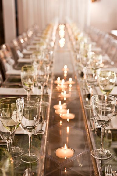 full length floating candle tablescape Candle Tablescapes, Floating Candle, Rain Gutters, Long Table, Event Inspiration, Flower Candle, Floating Candles, Reception Decorations, Repurpose