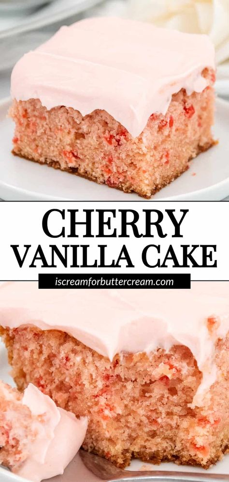 This cherry vanilla cake brings together the delightful flavors of vanilla and cherries in a wonderfully moist layer cake all topped off with cherry vanilla frosting. Cherry Vanilla Cake, Cherry Vanilla Cake Recipe, Cherry Cake Recipe From Scratch, Cherry Frosting Recipe, Vanilla Dessert Recipes, Vanilla Cake Mix Recipes, Cherry Chip Cake, Cherry Frosting, Cherry Cake Recipe