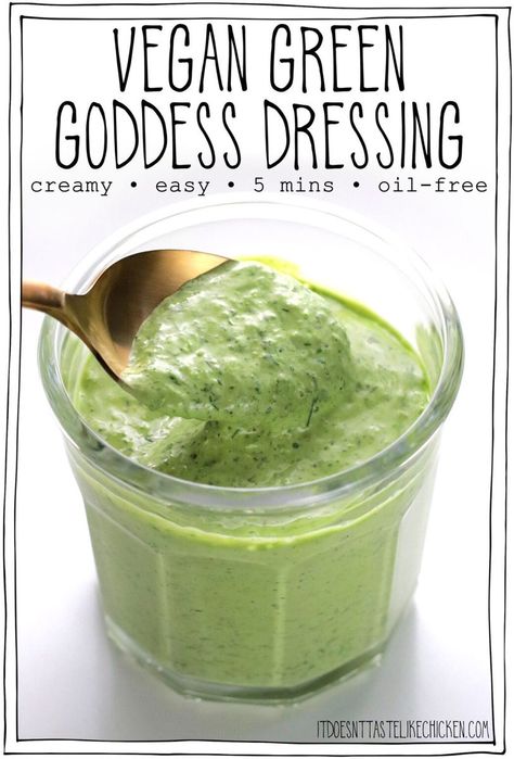 Vegan Green Goddess Dressing • It Doesn't Taste Like Chicken Vegan Green Goddess Dressing, Vegan Green Goddess, Healthy Dressing Recipes, Oil Free Salad Dressing, Goddess Dressing Recipe, Vegan Crab Cakes, Vegan Sauce Recipes, Green Goddess Salad Dressing, Vegan Crab