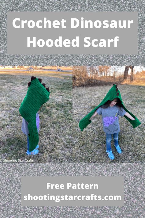 Crochet Kids Scarf Boys, Crochet Hooded Scarf For Kids, Crochet Dinosaur Hat Pattern Free, Crochet Hooded Scarf Pattern Free, Dinosaur Scarf, Dinosaur Hat Pattern, Crochet Dinosaur Hat, Crochet Hooded Scarf Pattern, Star Crafts