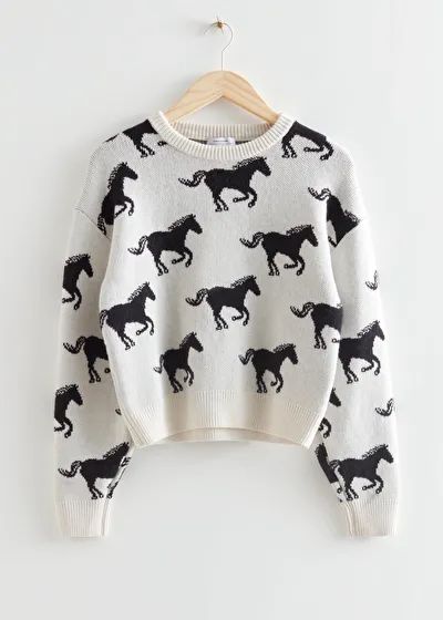 Jacquard Motif Knit Jumper - Horse Motif - Sweaters - & Other Stories US Print Sweater Outfit, Horse Sweater, Horse Motif, Short Sleeve Jumpsuits, Print Sweater, Horse Print, Linen Style, Black Horse, Jumpsuit With Sleeves