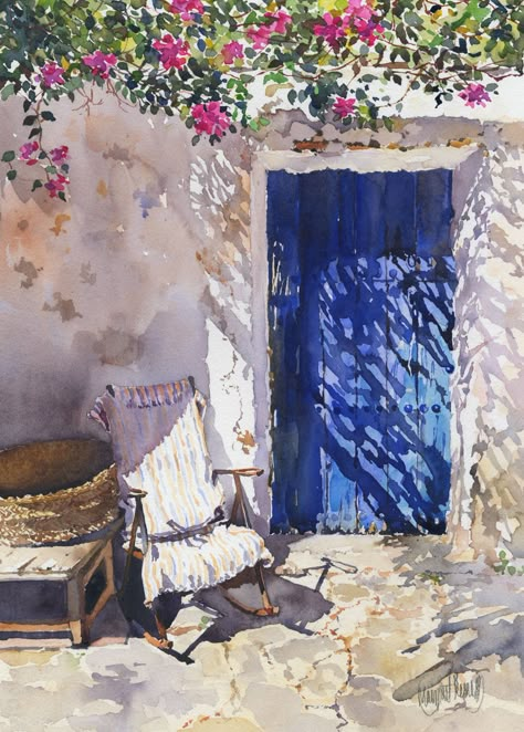 "Blue door" by Margaret Merry...refreshing, the shade throwing lace patterns on that beautiful blue door, relaxing...'sit down and stay awhile'... Door Painting, Watercolor Architecture, Painting Blue, 수채화 그림, Blue Door, Painted Doors, Art Watercolor, Watercolor Landscape, 그림 그리기