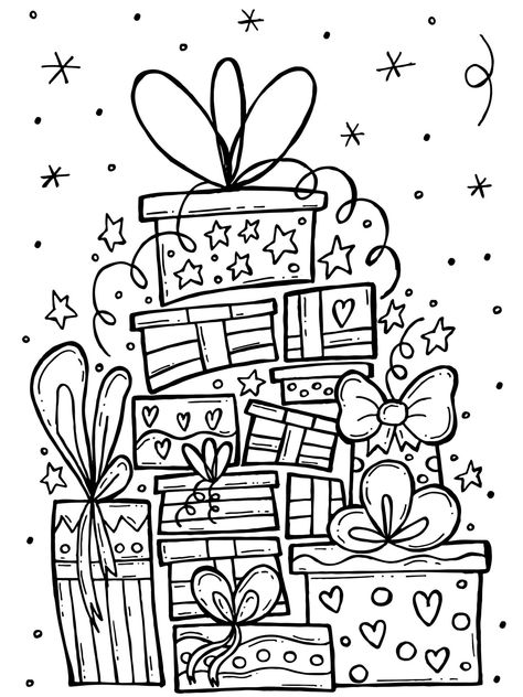 Children's coloring book. Hand-drawn doodle winter vector illustration. Merry Christmas 2022. A mountain of gifts with ribbons, hearts and stars. Merry Christmas Drawing, Merry Christmas 2022, Winter Vector, Christmas Cards Drawing, Hearts And Stars, Christmas Doodles, Doodle Coloring, Merry Christmas Card, Christmas Drawing