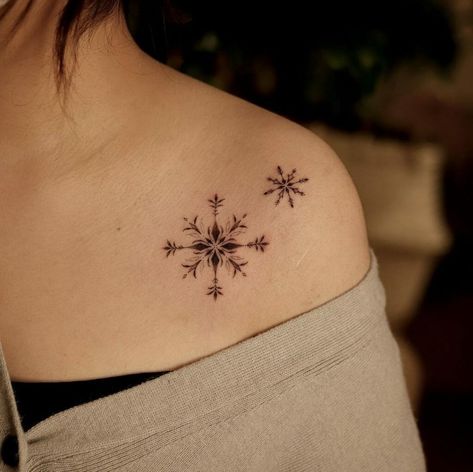 Shoulder Snowflake Tattoos Small Snowflake Tattoo, Snowflake Tattoos, Snowflake Tattoo, Winter Tattoo, Snow Tattoo, Butterfly With Flowers Tattoo, Small Tattoo Placement, Tattoo On Shoulder, Snow Flake Tattoo