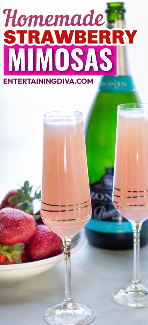 Strawberry Mimosas (With Fresh Or Frozen Strawberries) | Best of Summer Strawberry Mimosa Recipe, Strawberry Mimosas, Mimosas Recipe, Classic Mimosa, Strawberry Mimosa, Strawberry Cocktails, Mimosa Recipe, Potluck Dinner, Strawberry Drinks