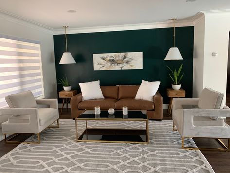 Living Room Dark Green Accent Wall, Green Wood Black Living Room, Hunter Green Accents Living Room, Sofa With Green Wall, Green Wall Living Room Black Furniture, Green Accent Wall Living Room Modern, Dark Blue Green Accent Wall, Emerald Accent Wall Living Room, Sofa Accent Wall