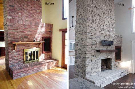 Brown Brick House Exterior, Diy Stone Veneer, Farmhouse Brick, Brown Brick Houses, Veneer Fireplace, Stone Veneer Fireplace, Simple Fireplace, Fireplace Seating, Fireplace Cover