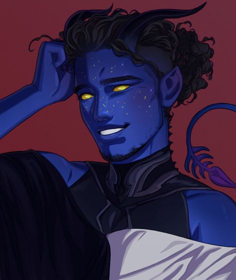 Blue Skin Character Design, Tiefling Blue, Black Tiefling Male, Tiefling Male Art, Purple Tiefling Male, Blue Skin Character, Blue Tiefling Male, Dnd Tiefling Male, Blue Tiefling