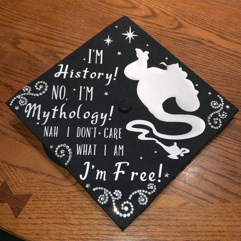 Inspired by Genie’s quote when Aladdin frees him in the original Aladdin movie. So much fun to make and I just had to share! Aladdin Graduation Cap, Grad Quotes, Cap Decoration, Grad Caps, Cap Ideas, Graduation Quotes, Graduation Caps, Graduation Cap Decoration, Cap Decorations