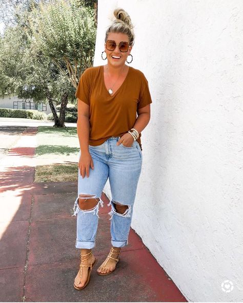 The BEST mom jeans! On sale 25% off. I stuck to my true size 👌🏼 they do t have stretch, but they fit so well! This top is one of my favorites. I have it in three colors. The perfect everyday tee. Runs true to size. My sandals are old, but I linked some of my current favorite studded sandals! http://liketk.it/2QH11 #liketkit @liketoknow.it #LTKsalealert #LTKstyletip #LTKunder50 Neutral Earth Tone Outfits, Feminine Romantic Style Plus Size, Casual Date Outfit Curvy, Plus Size Laid Back Outfits, Florida Spring Break Outfits Plus Size, Casual Plus Size Outfits 2024, Xl Summer Outfits For Women, Plus Size Millenial Fashion, Modest Fashion Curvy