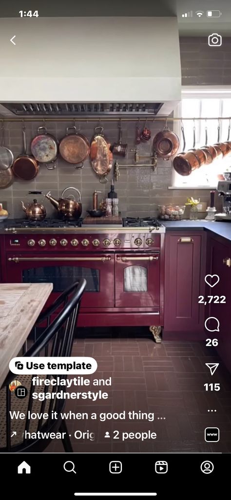 Burgundy Tiles Kitchen, Cranberry Kitchen, Plum Kitchen, Brick Kitchen Backsplash, Brick Backsplash Kitchen, Bungalow Kitchen, Dark Countertops, Brick Kitchen, Brick Backsplash