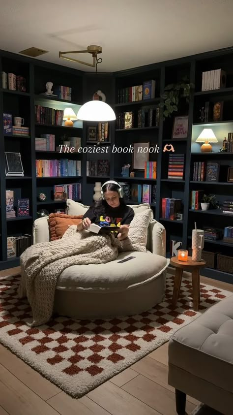 Cozy book nook with a homely library setup, perfect for book lovers and reading enthusiasts. Home Library Rooms Aesthetic, Book Chair Ideas, Small At Home Library Ideas, Book Nook Office Ideas, Nook Library Ideas, Home Library Aesthetic Cozy, Book Lovers Home, Sitting Room With Library, Home Library Cozy Reading Chairs