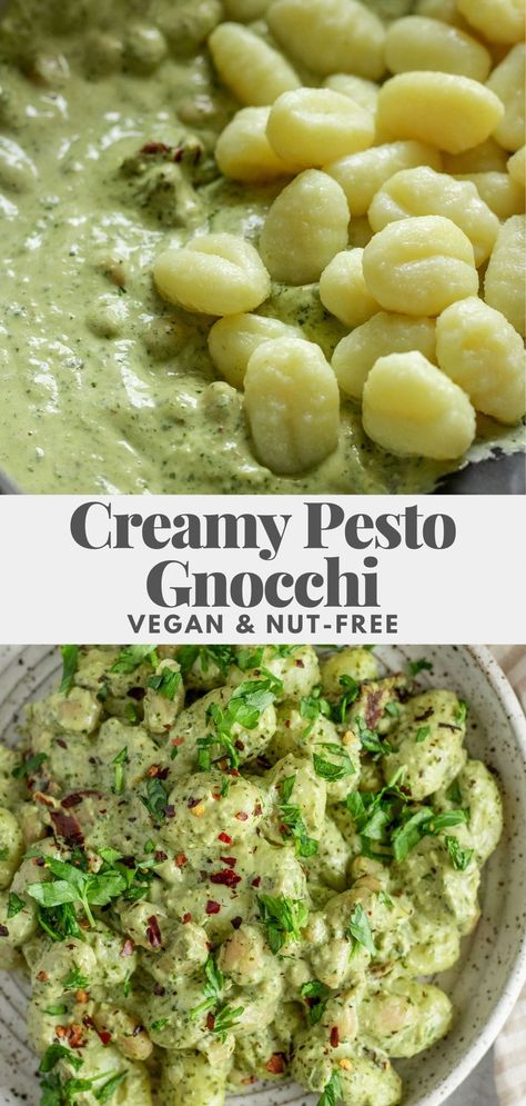 Comforting creamy vegan pesto gnocchi made in just 15 minutes. A simple meal featuring tender potato gnocchi coated in a creamy basil and sun-dried tomato sauce. Vegan Pesto Gnocchi Recipes, Vegan Recipes Gnocchi, Vegan Gnocchi Recipes Homemade, Vegan Pesto Gnocchi, Gnocchi Sauce Vegan, Vegan Gnocchi Recipes Dinners, Vegan Gnocchi Sauce, Vegan Gnocchi Dishes, Gnocchi Recipes Vegan