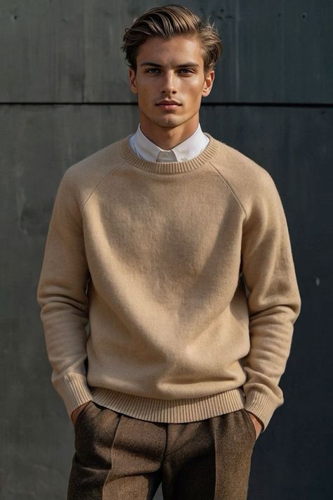 Men Beige Sweater Outfit, Cashmere Sweater Outfit Men, Beige Sweater Outfit Men, Hairstyle Aesthetic Girl, Camel Color Outfits, Curly Hairstyles For Round Faces, Camel Sweater Outfit, Beige Sweater Outfit, Attractive Outfits