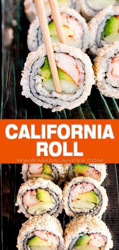 California Roll Sushi Recipe - How to make and roll an inside out Japanese maki sushi from scratch. With imitation crab, sushi rice, mayo. Healthier Asian dinner meal quick and easily prepared at home. www.MasalaHerb.com Diy California Roll Sushi, How To Sushi At Home, Cali Roll Sushi Recipes, Inside Out Sushi Rolls, How To Make California Sushi Rolls, How To Make A California Roll Sushi, California Maki Recipe, Maki Roll Recipe, Different Sushi Rolls