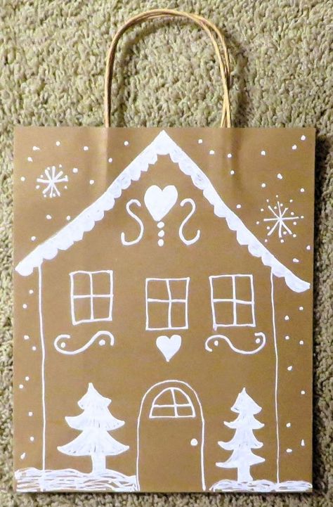 gift bag, gingerbread design Gingerbread House Paper Bags, Gingerbread House Gift Bag, Christmas Bag Decorating Ideas, Paper Bag Decorating Ideas, Christmas Paper Bags Ideas, Painted Gift Bags, Ginger Bread House Diy, Gingerbread Design, Gingerbread Gifts