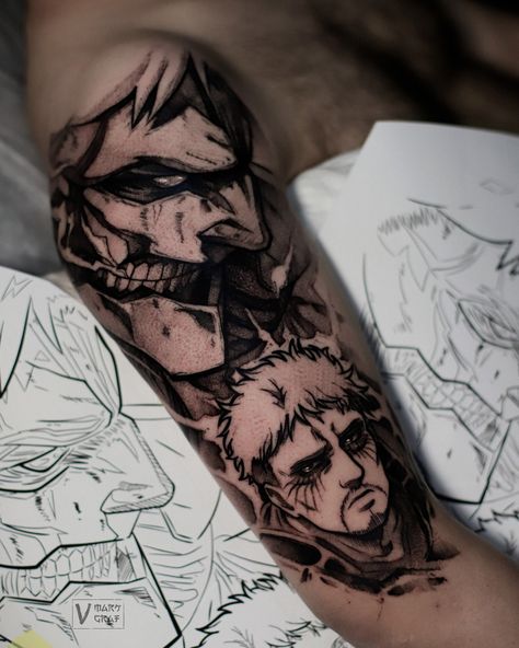 Reiner and Armored Titan done in one session. Custom Autumn booking is open to dm #attackontitan #armoredtitan #attackintitanedit #animetattoo #blacktattoo #tattooideas #animetattoos #poznantattoo #krakowtattoo #wroclawtattoo #geektattoo Reiner Braun Tattoo, Armored Titan Tattoo, Attack On Titan Reiner, Titan Tattoo, Armored Titan, Reiner Braun, Geek Tattoo, Anime Tattoo, Wroclaw