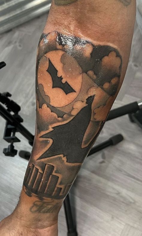 Bat Signal Tattoo, Batman Tattoo For Men Sleeve, Batman Leg Tattoo, Inside Forearm Tattoo Men Sleeve, Batman Tattoo For Men, Venom Tattoo, Arm Tattoos For Guys Forearm, Body Tattoo Design, Simple Arm Tattoos