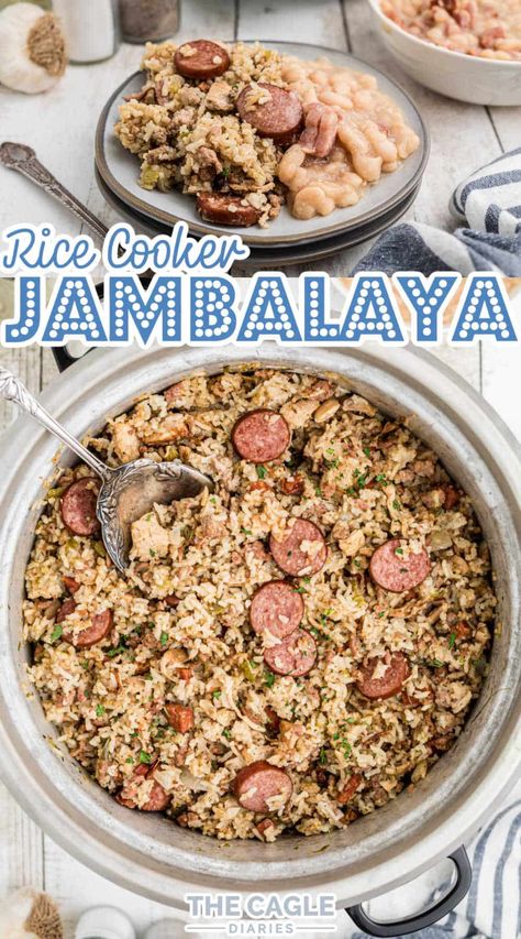 Rice Pot Jambalaya, Rice Cooker Jambalaya, Aroma Rice And Grain Cooker Recipes, Healthy Rice Cooker Meals, Rice Cooker Dinner, Seasoned Rice In Rice Cooker, Rice Cooker Jambalaya Recipe, Rice Cooker Rice Recipes, Flavored Rice In Rice Cooker