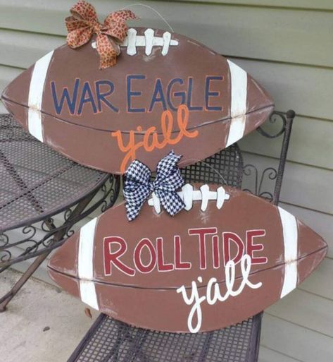 Alabama Crafts, Wooden Football, Football Door Hangers, Don't Disturb, Football Crafts, Baby Door Hangers, Burlap Door Hangers, College Diy, Football Signs