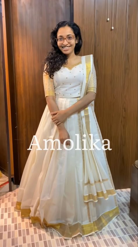 Onam Dress Ideas Frock, Vishu Special Kerala Dress, Madhuram Veppu Dress, Small Puff Sleeve Blouse Indian, Set Pavada And Blouse, Modern Onam Outfits, Kerala Skirt And Top, Kasavu Skirt And Top, Kasavu Half Saree