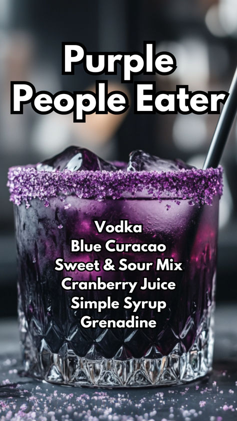 Purple People Eater Purple Vodka Drinks, Sour Drinks Alcohol Recipes, Sweet Alcoholic Drinks Recipes, Drink Ideas For Wedding, Sweet Alcoholic Drinks Easy, Purple Alcoholic Drinks, Gothic Cocktails, Sweet And Sour Drink, Sweet Mixed Drinks