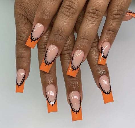 Square Nude Nails, Nails With Orange, Orange Acrylic Nails, Nail Design Glitter, Gel Toe Nails, Halloween Acrylic Nails, Nail It, Girly Acrylic Nails, Long Acrylic Nails Coffin