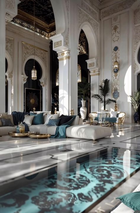 Indian Mansion Interior, Arab House Interior, Arab Mansion, Living Room Ideas Acnh, Room Ideas Acnh, Arabic Mansion, Mansion Castle, Middle Eastern Architecture, Arabic Living Room