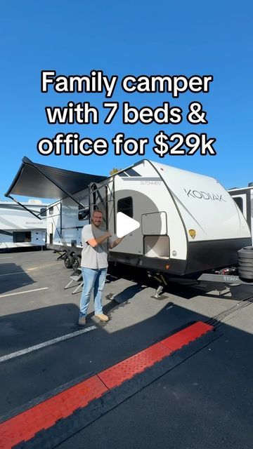 BaileyGoesOutside on Instagram: "7 beds + Office in an SUV towable family camper.. The mountains ARE calling.. ⛰️🚐💨 

This is the NEW 2025 @dutchmenrvcompany Dutchmen Kodiak 280BHSL and it’s amazing!!

This travel trailer is 27 feet, and 5,680lbs dry making it lightweight and easy to tow

This camper sleeps 10 people and comes with a full kitchenette, bathroom, seating are and more.

I love all the premium upgrades on this camper like dual axles, power stabilizers, awning and the huge storage locker.

This Kodiak camper is $29,995 or $239 a month (may vary by dealer and location) 

#dutchmenpartner #camper #familycamper #familyrv #rvtour #rvreview #rvlifestyle #tinyhome #homeonwheels #digitalnomad #bunkhouse #camperlife #rvshopping #traveltrailer #rvliving" Camper For Family Of 5, Bathroom Seating, Campers And Rv, Tow Behind Camper, Porch For Camper, Small Camper Interior, Travel Trailer Hacks, Used Campers, Travel Trailer Living