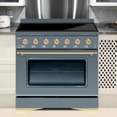 HALLMAN Classico 36" Induction Range, Blue Grey, Brass Trim HCLIR36BSGR Please call (800)604-1380 Ext#2 before placing your order to confirm the item’s availability. Specification Cooktop No. of Burners Width 36 Weight lbs 300 Color Blue Grey Trim Brass Depth 28.75 Height 36 Otw Quantity 0 Warehouse Inventory 0 Brand Hallman Exterior Width 36 Trim Brass Handle Type Classico Color Blue Grey Size 36 Burner No. 1 Induction Burner No. 2 Induction Burner No. 3 Induction Burner No. 4 Induction Burner 36” Induction Range, Blue Grey Trim, Induction Burner, Oven Size, Warehouse Inventory, Induction Range Cooker, Induction Oven, Induction Range, Brass Trim