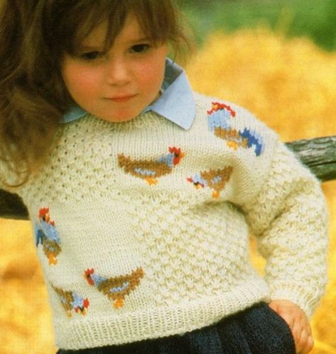 Sweater Baby Children Knitting Pattern Chicken Bird Motif Picture Sweater Swiss Darning 22\" - 26\"  8 Ply DK PDF Instant download Swiss Darning, Picture Sweater, Easter Sweaters, Chicken Sweater, Chicken Hats, Chicken Bird, Animal Sweater, Crochet Chicken, Knit Baby Sweaters