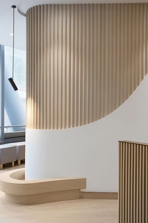 Fluted Curved Wall, Wood Slat Wall Commercial Design, Elevated Wall Design, Curved Panel Wall, Arched Slat Wall, Curved Accent Wall, Commercial Wall Design, Curve Wall Design, Curved Wall Decor Ideas