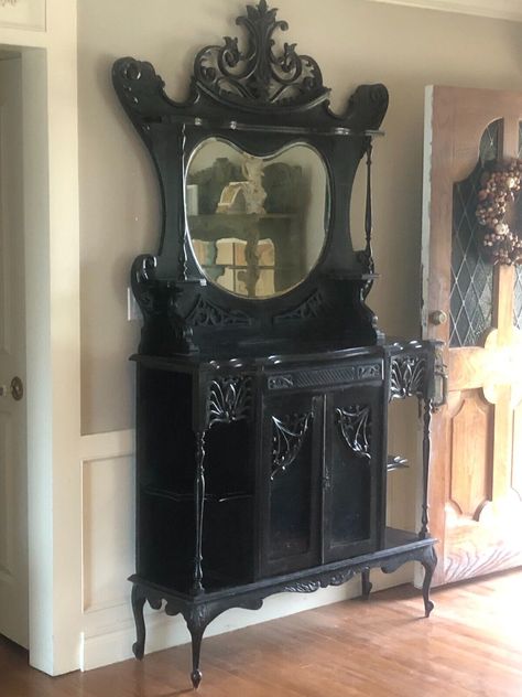 JOHN MALPASS English VICTORIAN Hand Carved EBONIZED Mahogany ETAGERE Cabinet | eBay Victorian Home Furniture, Georgian Home Decor, Baroque Home Decor, Alternative House Decor, Gothic Furniture Victorian, Whimsy Goth Decor, Victorian Nightstand, Gothic Apartment, Witchy Apartment