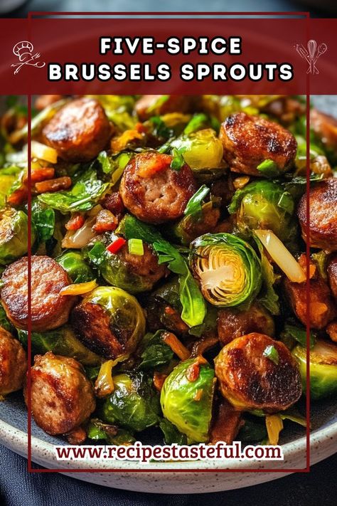 This flavorful stir-fry combines Brussels sprouts with sausage in a savory sauce enhanced by aromatic five-spice powder. It’s a quick and satisfying dish that’s perfect for a weeknight meal. Brussel Sprouts With Sausage, Smoked Sausage And Brussel Sprouts, Sausage And Brussel Sprouts, Recipes Stir Fry, Brussel Sprout Recipes, Sausage Stir Fry, Sprout Recipes, Brussels Sprouts Recipe, Savory Sauce