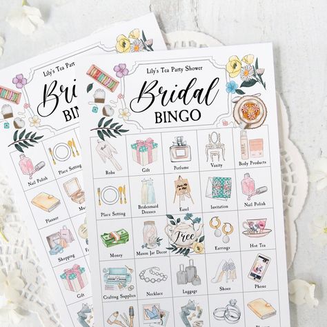 Tea Party Bridal Shower Bingo Cards - Greengate Images Bridal Shower Decor Tea Party, Bridal Shower Games Tea Party, Kitchen Tea Games Bridal Showers, Bridal Shower Entertainment, Bridal Shower Themes Tea Party, Tea Party Bridal Shower Ideas Games, Bridal Shower High Tea Ideas, Bridal Shower Afternoon Tea, Bridal Brunch Games