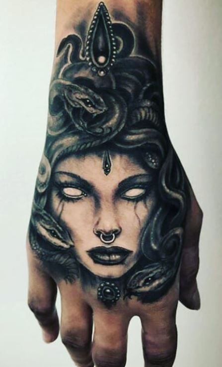 100 Beautiful Medusa Tattoos You’ll Need to See - Tattoo Me Now Madussa Tattoo Design Hand, Madussa Hand Tattoo, Greek Hand Tattoo, Medusa Hand Tattoos For Women, Medusa Tattoo On Hand, Medusa Tattoo Hand, Best Hand Tattoos Men, Medusa Hand Tattoo, Beautiful Medusa