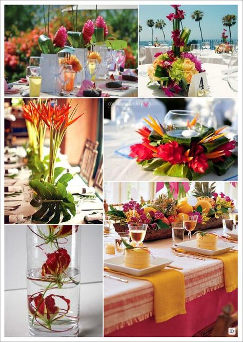 fleur mariage centre de table exotique tropical Tropical Wedding Centerpieces, Tropical Centerpieces, Beach Wedding Decorations Reception, Exotic Wedding, Fiesta Tropical, Caribbean Wedding, Hawaiian Wedding, Flower Centerpieces Wedding, Tropical Theme