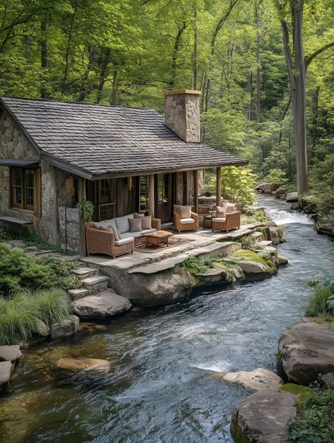 Cozy Cabin In The Woods Interiors, Small Stone Cottage, Mountain Cabins, Mountain Cottage, Cottage Cabin, Lake Cottage, Stone Cottage, A Cabin, Tiny House Cabin