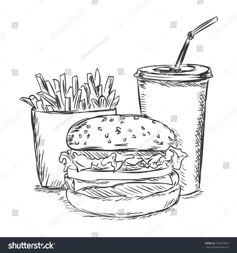 Fast Food Sketch, Burger And Fries Drawing, Food Sketch Easy, Fast Food Drawing, Burger Sketch, Food Drawing Sketches, Mcdonalds Sweet Tea, Burger Drawing, Food French Fries