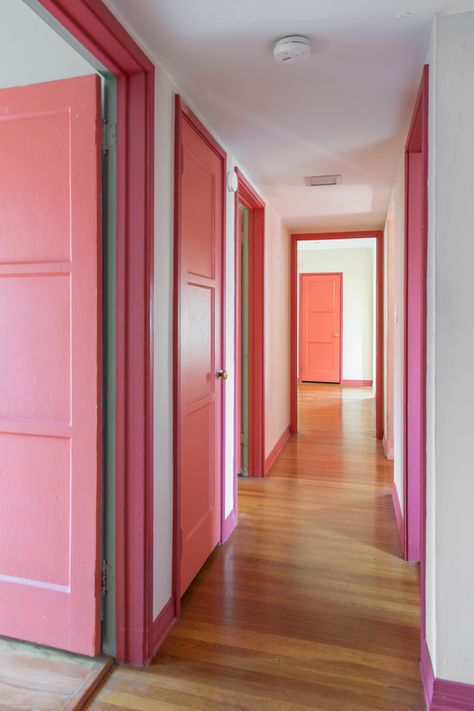 Our Home Renovation Projects: What's Done, What's Left + When We Plan To Finish Them! - Studio DIY Pink Trim Interior, Pink Walls With Pink Trim, Colored Interior Trim, Pink Doors Interior, Peach Hallway, Painted Baseboards, Painted Molding, Coral Kitchen, Pink Doors