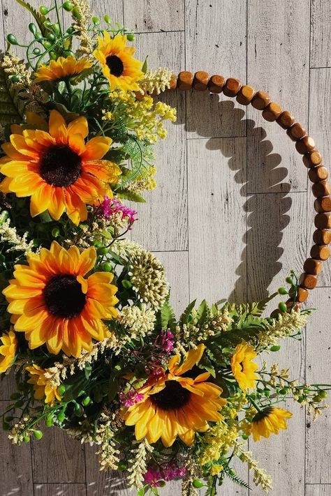 Hoop Sunflower Wreath for Front Door Farmhouse Decor Minimalist Hoop Wreath Boho Bead Wreath Modern Wooden Bead Wreath Gift for Her Weddin - Etsy Wooden Bead Wreath, Bead Wreath, Sunflower Door Hanger, Front Door Farmhouse, Door Farmhouse, Fall Grapevine Wreaths, Grapevine Wreaths, Sunflower Wreath, Summer Wreaths