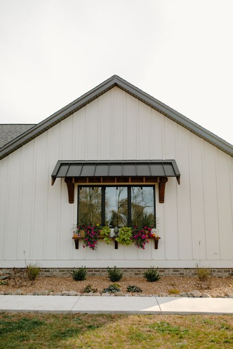 Board And Batten Siding And Cedar Shakes, Metal Accents On Exterior, Roof Over Window Curb Appeal, Mobile Home Board And Batten Siding, Board And Batten Siding With Shutters, Exterior Board And Batten Ideas, Half Brick Half Board And Batten Exterior, Board And Batten Over Stucco, Metal Front Porch Roof