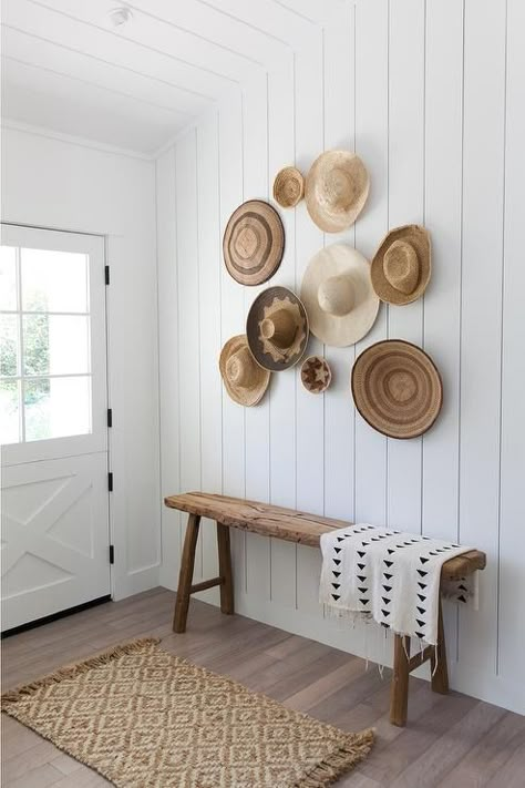 Hats On The Wall, Cottage Foyer, Napa Farmhouse, Mindy Gayer Design, Country Hat, Wall Hats, Hat Wall, Small Entryways, Farmhouse Remodel