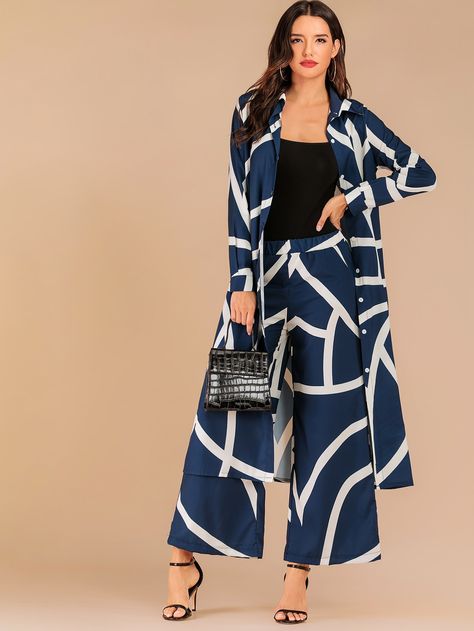 Navy Blue Elegant  Long Sleeve Polyester Geometric  Embellished Non-Stretch Spring/Fall Women Co-ords Co Ords Outfits, Shirt Pant Set, Geo Print, Hijab Outfit, Shirt And Pants, Outfits Summer, Trendy Fashion Women, Summer Outfits Women, Two Piece Outfit