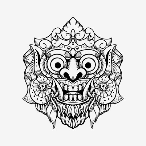 demon mask bali indonesia tshirt design illustration Balinese Tattoo, Barong Bali, Mask Sticker, Demon Mask, Indonesian Art, Outline Illustration, Mask Tattoo, Masks Art, Vector Art Illustration