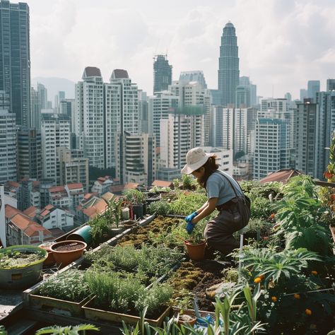 Urban Garden Tending: A person tends to a rooftop garden against the backdrop of a sprawling urban skyline. #urban #gardening #rooftop #cityscape #skyscrapers #greenery #plants #cultivation #aiart #aiphoto #stockcake https://ayr.app/l/b8jt Rooftop Garden Urban, Nyc Garden, Battery Park City, Greenery Plants, Urban Gardens, Tender Care, Urban Gardening, Urban Architecture, Rooftop Garden