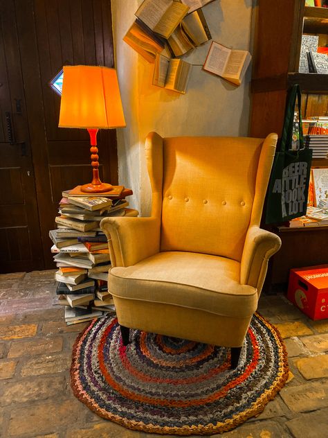 Reading Chair Aesthetic, Yellow Armchair Living Room, Writing Nook, Cosy Armchair, Gryffindor Common Room, Reading Armchair, Yellow Armchair, Reference Ideas, Comfy Armchair