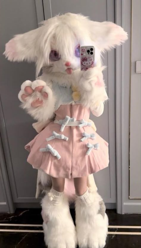 Cute Kemono Fursuit, Bunny Kemono Fursuit, Partial Fursuit Outfits, Cute Fursuit Ideas, Kemono Cat Fursuit, Fur Suit Ideas, Pastel Fursuit, Kimono Fursuits, Japanese Fursuit