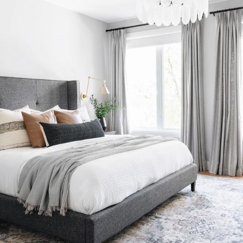 King Bed Gray Headboard, Dark Grey Bed With White Nightstands, Grey Bed Frame Wood Furniture, Grey Bed Frame Master Bedrooms, Grey Headboard Guest Bedroom, Bedroom Inspirations Dark Grey Headboard, Dark Gray Furniture Bedroom, Gray Bed Frame Bedding, Gray Bed Frame Ideas