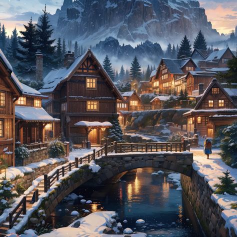 Viking Town Art, Nordic Village Art, Snowy Mountain Village Fantasy Art, Snowy Village Fantasy Art, Snowy Medieval Village, Conifer Forest, Nordic Architecture, Viking Village, Planet Coaster